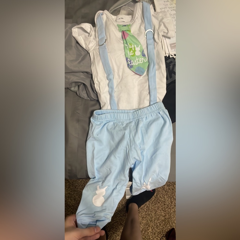 Easter outfit with bunny tail and bunnies on knees